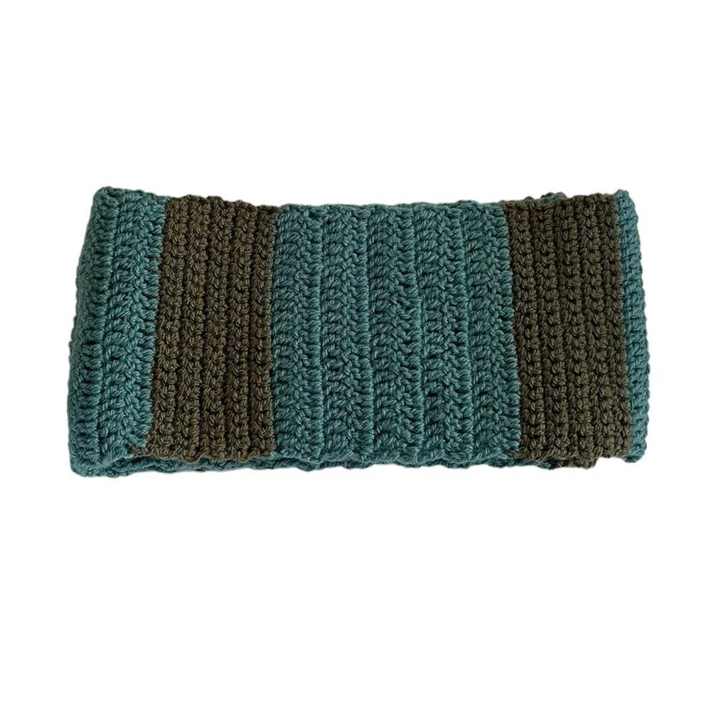 Handmade Crochet Infinity Teal and Olive Green Stripe Scarf